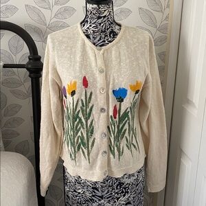 Vintage button front cardigan with painted floral design by Victoria